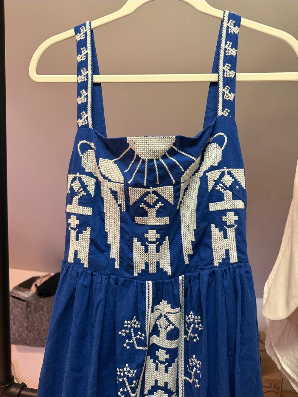 Anthropology ft Farm Rio XS Blue Embroidered Maxi Dress with Bow Back - Picture 2 of 4